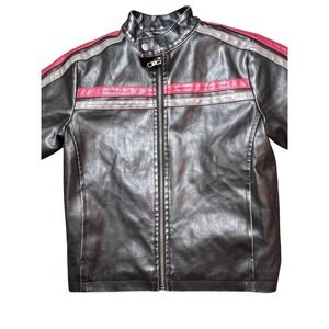 Youth Faux Leather Motorcycle Jacket Red Gray Stripe Zip Up Size 6 Biker Durable